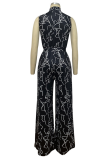 Black Casual Print Patchwork O Neck Straight Jumpsuits