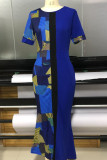 Blue Casual Color Lump Print Patchwork Slit O Neck Straight Dresses