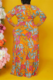 Orange Fashion Plus Size Print Basic O-Ausschnitt Langarm Langes Kleid