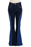 Dunkelblaue Street-Solid-Patchwork-Jeans mit hohem Bund und Boot-Cut-Denim