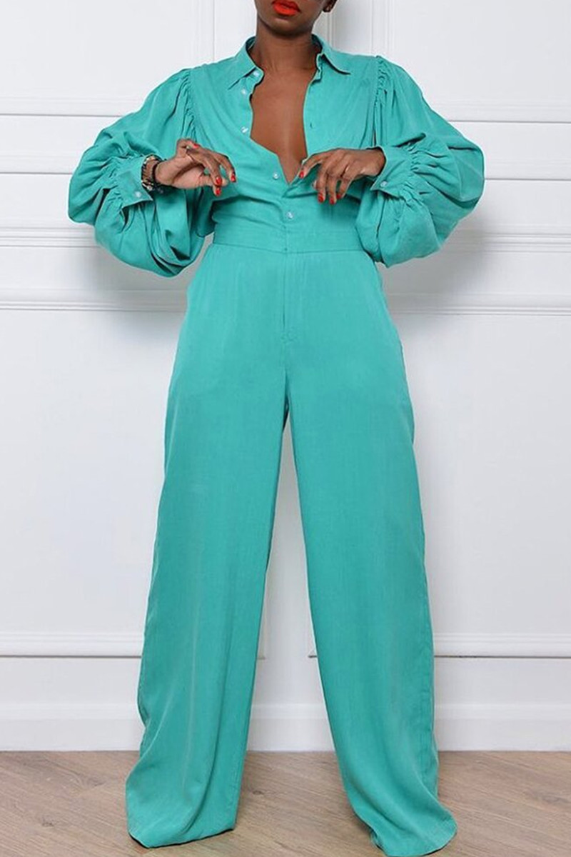 

Lake Green Fashion Casual Solid Basic Turndown Collar Regular Jumpsuits