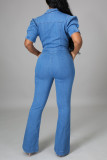 Blue Fashion Casual Solid Zipper Turndown Collar Regular Jumpsuits