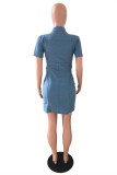 Light Blue Fashion Casual Solid Buckle Turndown Collar Denim Dress