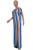 Sky Blue Fashion Casual Striped Print Backless Off the Shoulder Regular Jumpsuits