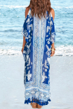 Blue Casual Print Hollowed Out See-through Mesh Swimwears Cover Up