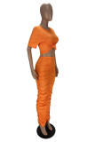 Оранжевый Мода Повседневная Твердая Складка О Шеи С Коротким Рукавом Из Двух Частей
