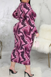 Rose Red Sexy Print Patchwork Half A Turtleneck Pencil Skirt Plus Size Dresses