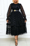 ブラック ファッション カジュアル ソリッド パッチワーク ベルトなし O ネック ロング スリーブ ドレス