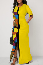 Gele casual kleur klontjesprint patchwork split O-hals rechte jurken