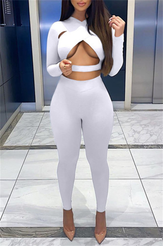 White Fashion Sexy Solid Hollowed Out V Neck Long Sleeve Two Pieces
