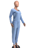 Blue Casual Solid Patchwork U Neck Skinny Jumpsuits