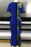 Blauwe casual kleur bobbelprint patchwork split O-hals rechte jurken