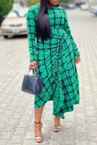 Green Fashion Casual Print Asymmetrical O Neck Long Sleeve Dresses