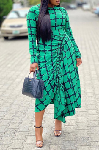 Зеленые модные повседневные асимметричные платья с круглым вырезом и длинным рукавом с принтом