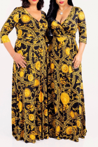 Goldfarbenes Sexy-Print-Patchwork-Kleid mit V-Ausschnitt und Taillenrock