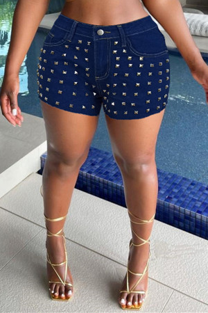 Tibetan Blue Fashion Casual Solid Rivets High Waist Jeans