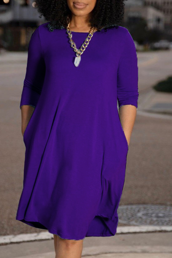 Фиолетовые повседневные однотонные платья в стиле пэчворк с круглым вырезом и юбкой-торт