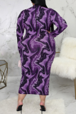 Púrpura sexy estampado patchwork medio cuello alto lápiz falda vestidos de talla grande