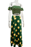 Green Sweet Print Patchwork Off the Shoulder Short Sleeve Two Pieces