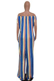 Sky Blue Fashion Casual Striped Print Backless Off the Shoulder Regular Jumpsuits