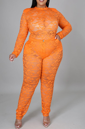 Tangerine Sexig Solid Patchwork Genomskinlig O-hals Plus Size Two Pieces