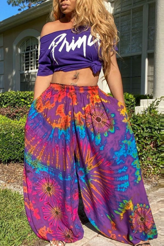 Rose Red Casual Print Patchwork Loose Mid Waist Harlan Full Print Bottoms