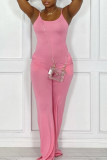Light Pink Casual Solid Patchwork Spaghetti Strap Straight Jumpsuits
