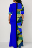 Blauwe casual kleur bobbelprint patchwork split O-hals rechte jurken