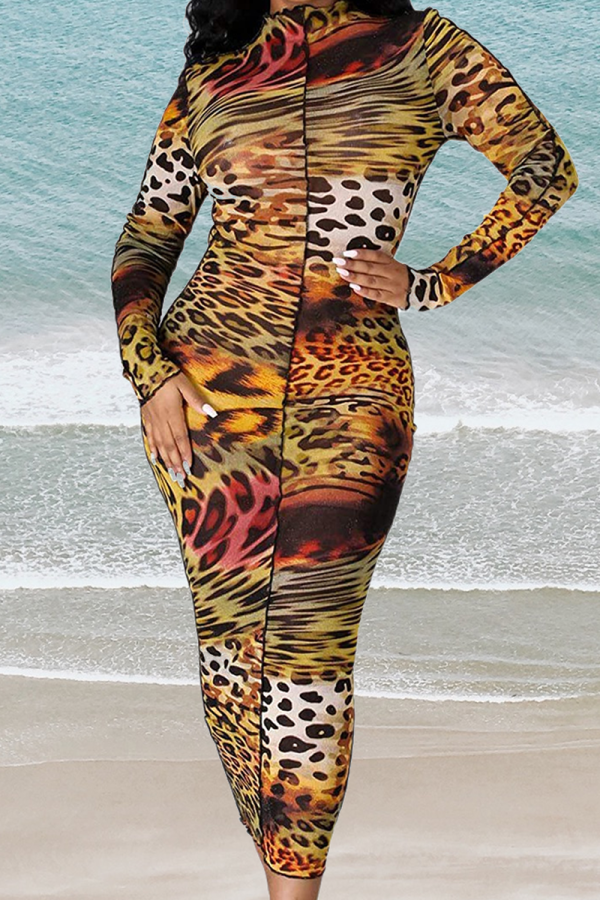 Vestidos de saia lápis com estampa de leopardo casual patchwork