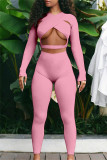 Розовый модный сексуальный сплошной выдолбленный V-образный вырез с длинным рукавом из двух частей