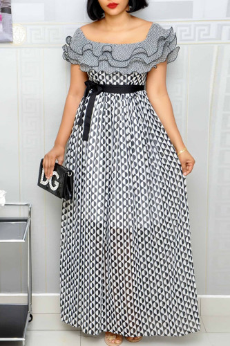 Black Fashion Casual Print Patchwork Square Collar Short Sleeve Dress