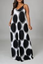 黒と白のセクシーなプリント パッチワーク スパゲッティ ストラップ ストレート ドレス