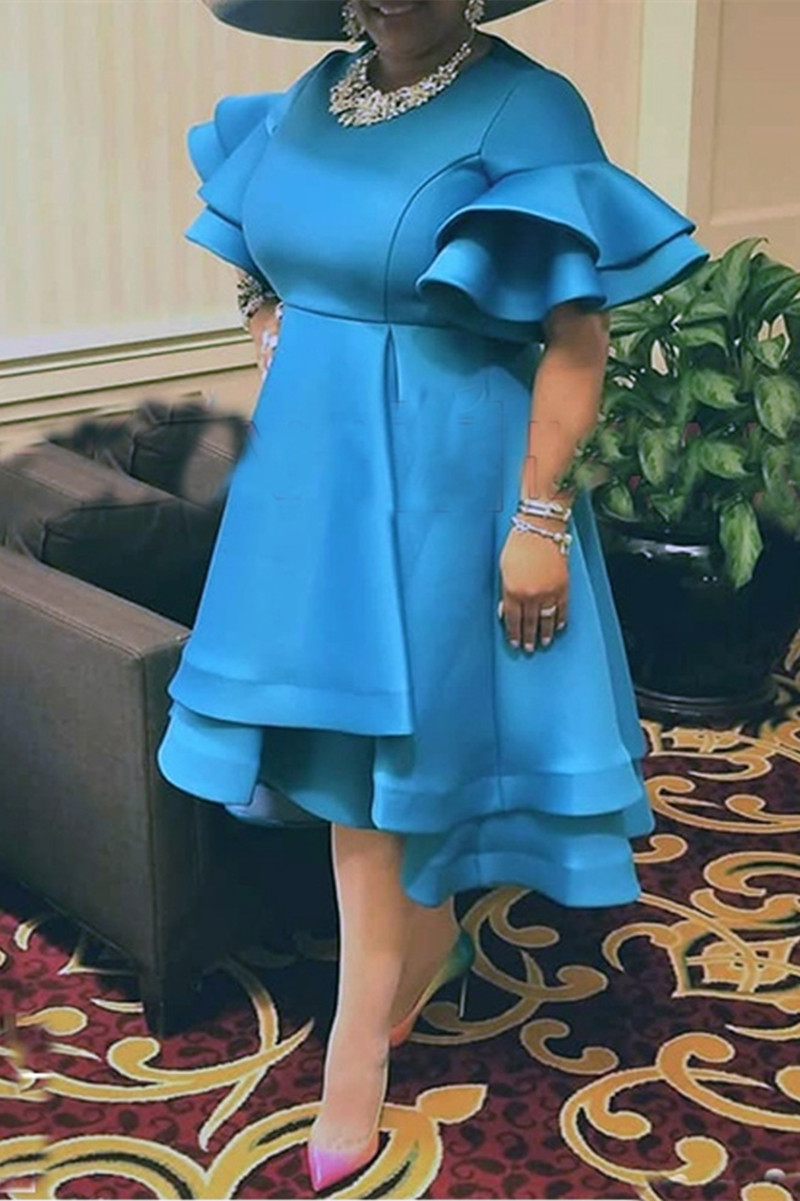 

Light Blue Fashion Solid Split Joint Flounce O Neck Irregular Dress