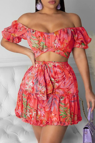 Rouge Sexy Print Split Joint Off The Shoulder Short Sleeve Two Pieces
