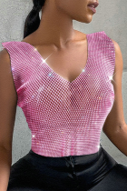 Pink Sexy Solid Patchwork V Neck Tops