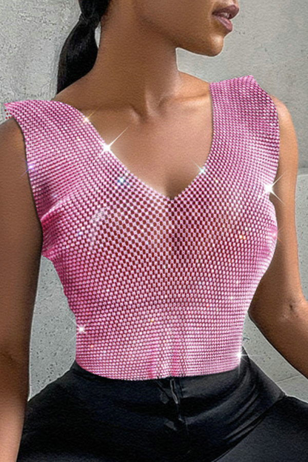 Tops con cuello en V de patchwork sólido sexy rosa