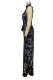Black Casual Print Patchwork O Neck Straight Jumpsuits