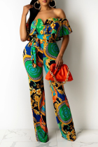Multicolor Sexy Print Patchwork Off the Shoulder Straight Jumpsuits