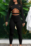 Zwarte mode Sexy effen uitgeholde V-hals met lange mouwen, twee stukken