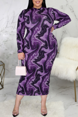 Púrpura sexy estampado patchwork medio cuello alto lápiz falda vestidos de talla grande