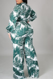 Grüne Mode Casual Print Bandage Cardigan Turndown-Kragen Plus Size Two Pieces