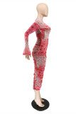 Rote Mode Sexy Print Basic V-Ausschnitt Langarm-Kleid