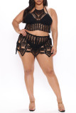 Black Sexy Solid Hollowed Out See-through Backless Spaghetti Strap Plus Size Swimwear