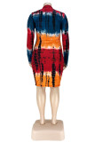 Blue Red Fashion Casual Plus Size Print Tie Dye Hollowed Out Half A Turtleneck Long Sleeve Dresses