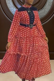 Rotes, lässiges, gepunktetes, Patchwork-Knöpfe-Kleid mit halbem Rollkragen und Kuchenrock in Übergröße