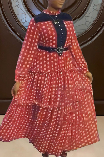 Robes de grande taille rouge décontracté imprimé à pois patchwork boutons demi-col roulé jupe gâteau
