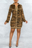 Vestido de camisa manga longa com estampa de leopardo moda casual estampa básica gola aberta