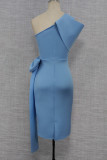 Bleu ciel élégant solide Patchwork avec nœud robes de jupe crayon à col Oblique
