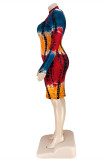 青赤ファッション カジュアル プラス サイズ プリント タイダイ中空アウト半分タートルネック長袖ドレス