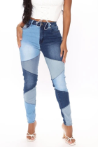 Blauwe casual skinny jeans met kleurvlakken en halfhoge taille met patchwork